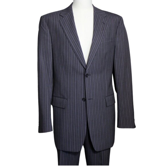 Perry Ellis 2 Piece Suit SZ 40T x 34 Grey w/Mauve & Grey Pinstripes 100% Wool - Picture 1 of 16